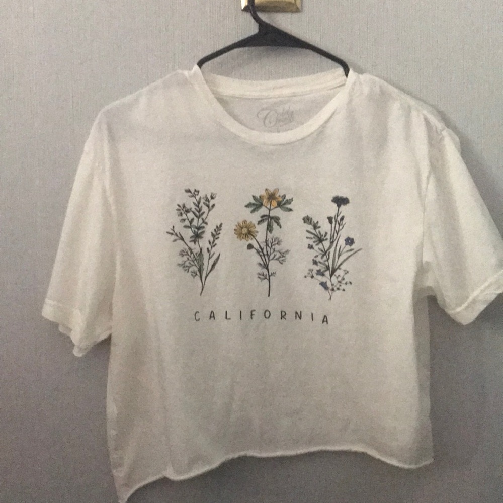 Slightly Cropped Top with flowers and “california”